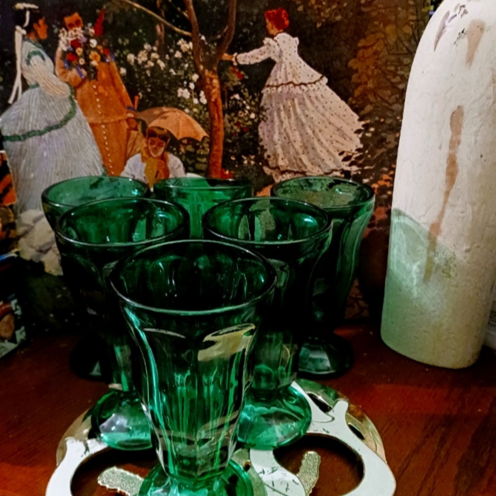 🍧6 Anchor Hocking Emerald Green Glass Parfait Fountain Ice Cream Sundae Glasses
